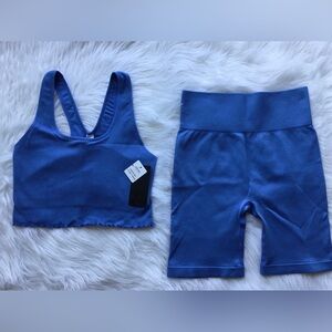 90 Degree by Reflex Blue Rib Racerback Bralette & Activewear Shorts Set L NWT